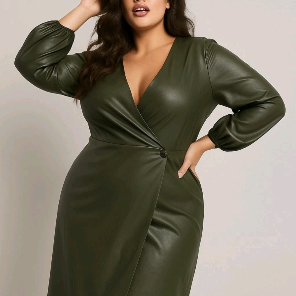 Banana Republic Olive Green Faux Leather Wrap Dress